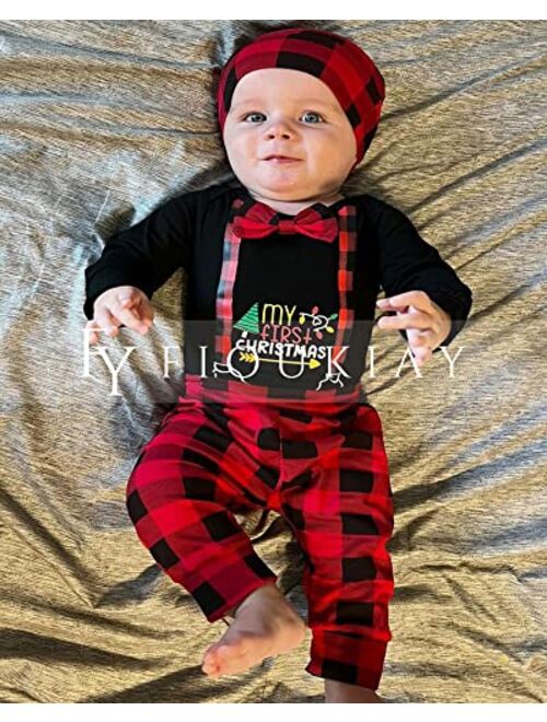 fioukiay Newborn Baby Boy My First Chirstmas Clothes Long Sleeve Bodysuit Romper Buffalo Plaid Pants Outfit Sets