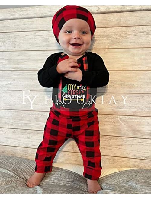 fioukiay Newborn Baby Boy My First Chirstmas Clothes Long Sleeve Bodysuit Romper Buffalo Plaid Pants Outfit Sets