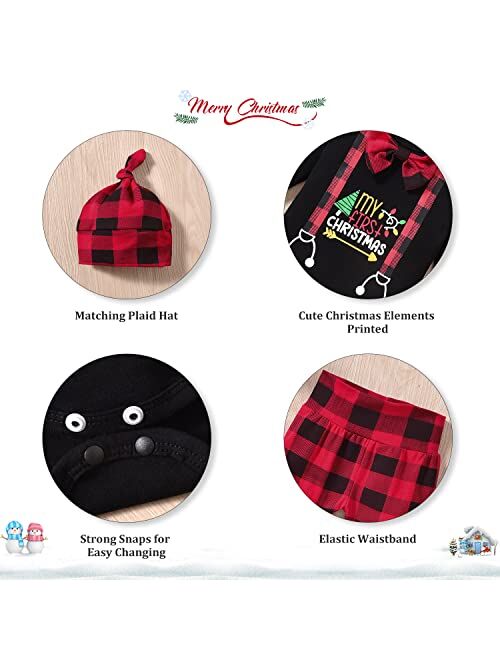 fioukiay Newborn Baby Boy My First Chirstmas Clothes Long Sleeve Bodysuit Romper Buffalo Plaid Pants Outfit Sets