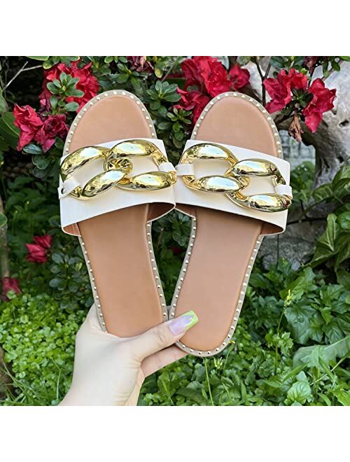 pearl&she Women's Leather Flat Slippers Metallic Link Chains Slip On Summer Indoor and Outdoor Slide Sandals