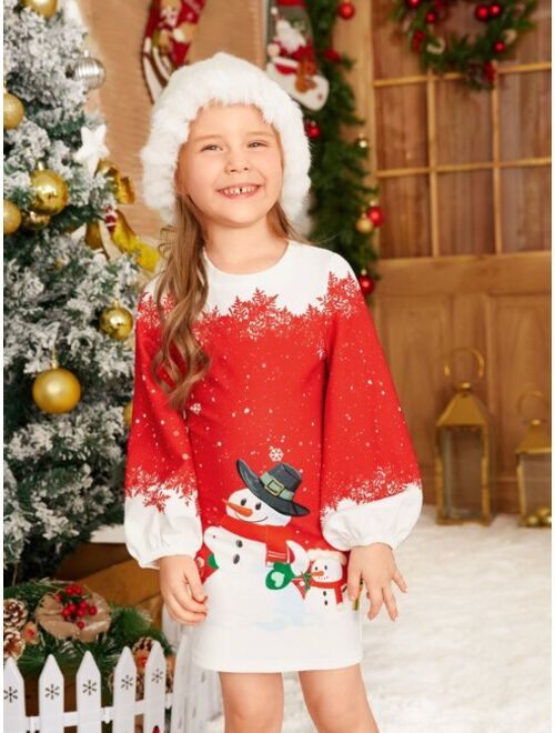 SHEIN Toddler Girls Christmas Print Bishop Sleeve Tee Dress