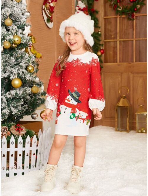 SHEIN Toddler Girls Christmas Print Bishop Sleeve Tee Dress