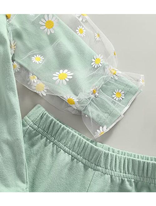 Madjtlqy Baby Girls Bell Bottoms 3Pcs Daisy Outfits Mesh Patchwork Playsuit Flared Pants Headband