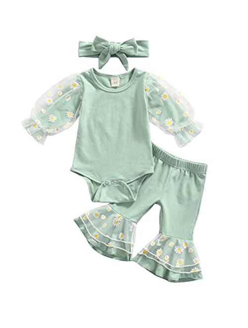 Madjtlqy Baby Girls Bell Bottoms 3Pcs Daisy Outfits Mesh Patchwork Playsuit Flared Pants Headband