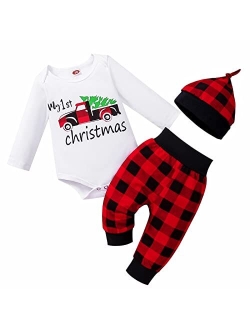 Cetepy My First Christmas Baby Boy Outfit Newborn Clothes Infant Black Xmas Tree Car Red Plaid Pants Hat 3Pcs 0-18 Months