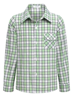 Boy's Plaid Button Down Shirt Long Sleeve Roll Up Casual Shirts with Pocket 4-11 Years