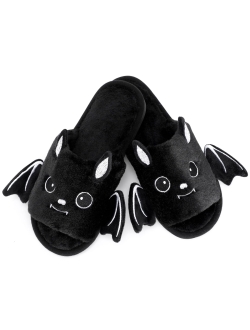 Vansolinne Halloween Slippers Bat Soft Plush Open Toe Fuzzy Slippers for Women Ladies Indoor Outdoor Cute Halloween Black Shoes Cozy Fall Winter Gifts for Her