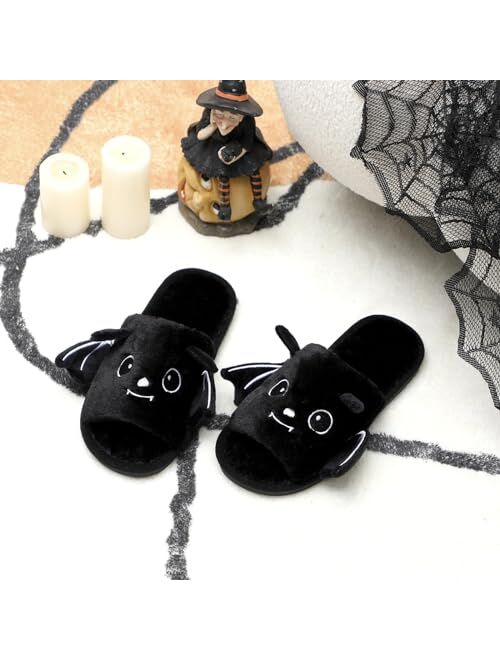 Vansolinne Halloween Slippers Bat Soft Plush Open Toe Fuzzy Slippers for Women Ladies Indoor Outdoor Cute Halloween Black Shoes Cozy Fall Winter Gifts for Her