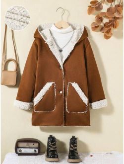 Tween Girl 1pc Dual Pocket Teddy Lined Hooded Coat