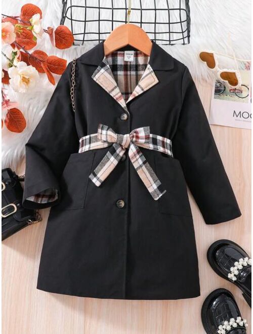 SHEIN Kids FANZEY Young Girl Plaid Print Belted Trench Coat