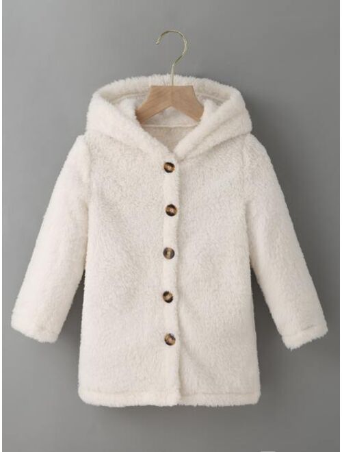 SHEIN Kids EVRYDAY Toddler Girls Button Front Hooded Teddy Coat