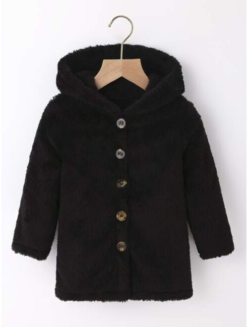 SHEIN Kids EVRYDAY Toddler Girls Button Front Hooded Teddy Coat
