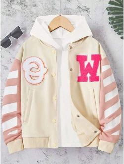 Tween Girl Letter Graphic Striped Trim Drop Shoulder Jacket Without Hoodie