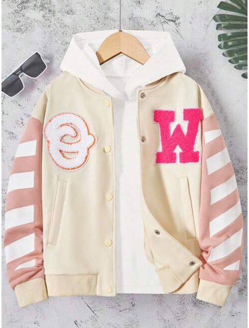 SHEIN Tween Girl Letter Graphic Striped Trim Drop Shoulder Jacket Without Hoodie