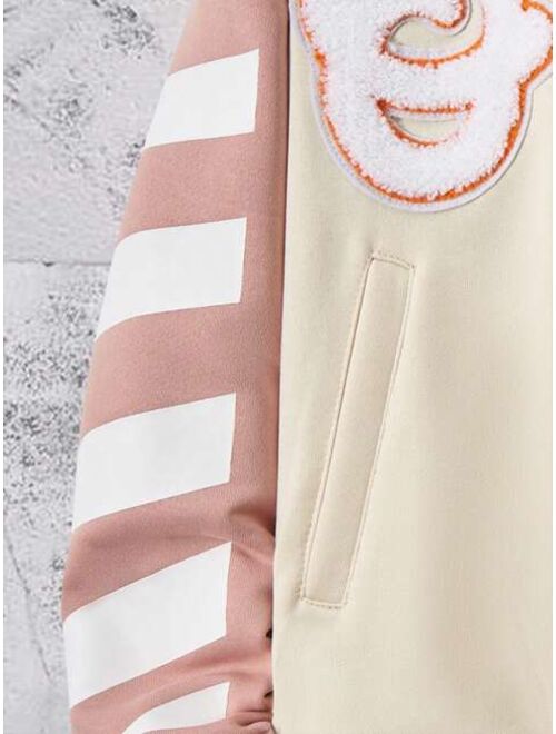 SHEIN Tween Girl Letter Graphic Striped Trim Drop Shoulder Jacket Without Hoodie