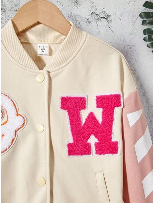 SHEIN Tween Girl Letter Graphic Striped Trim Drop Shoulder Jacket Without Hoodie