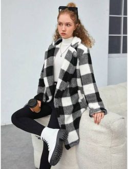 Teen Girl Buffalo Plaid Print Double Breasted Coat