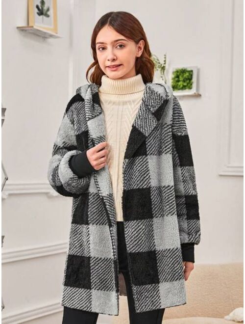 SHEIN Teen Girl Buffalo Plaid Pattern Drop Shoulder Hooded Teddy Coat
