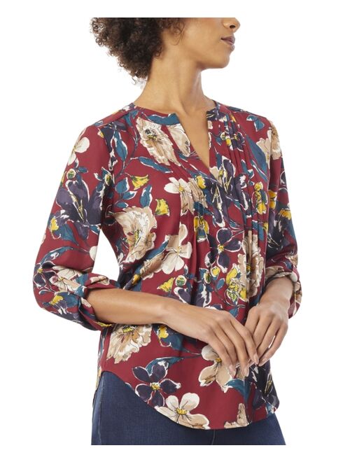 JONES NEW YORK Women's Floral-Print Pintuck Roll-Tab Shirt