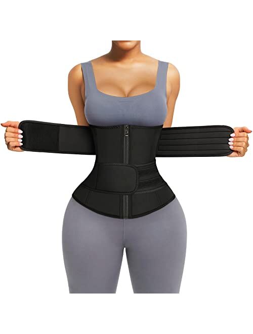 FeelinGirl Waist Trainer for Women Long Torso Sauna Workout Double Belt With Zipper 7 Steel Bones