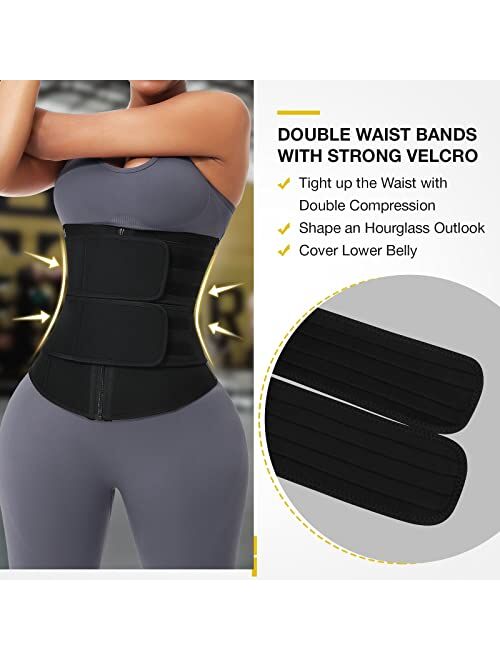 FeelinGirl Waist Trainer for Women Long Torso Sauna Workout Double Belt With Zipper 7 Steel Bones