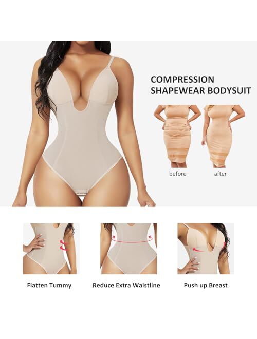 FeelinGirl Thong Shapewear Bodysuit for Women Tummy Control Body Shaper U Plunge Fajas Colombianas Waist Trainer Corset