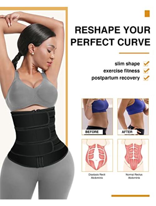 FeelinGirl Neoprene Waist Trainer for Women 3 Straps Tummy Control Workout Corset Cincher Long Torso Trimmer Sauna Belt