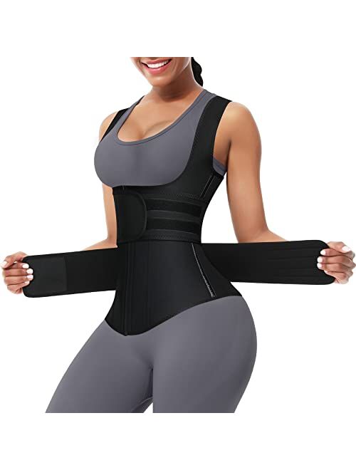 FeelinGirl Neoprene Waist Trainer Vest for Women Plus Size 2/3 Belt Straps Workout Long Torso with 9 Steel Bones