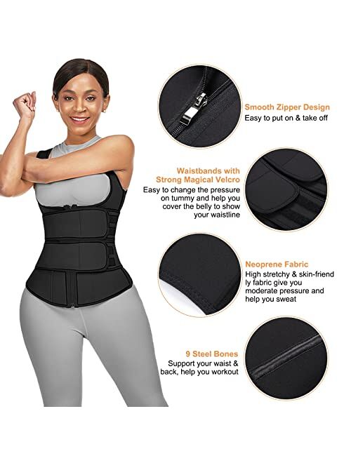 FeelinGirl Neoprene Waist Trainer Vest for Women Plus Size 2/3 Belt Straps Workout Long Torso with 9 Steel Bones