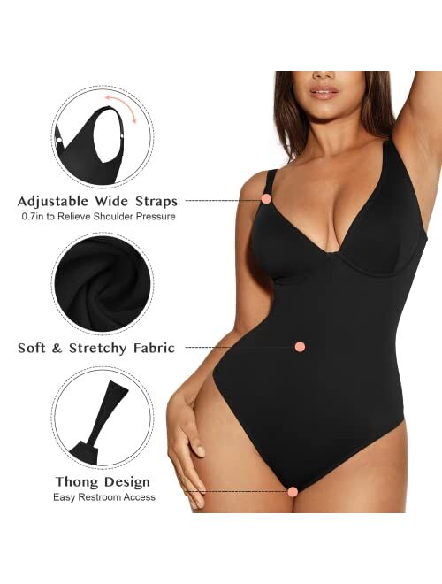 FeelinGirl Shapewear Bodysuit Tummy Control Slim Body Shaper Deep V Neck Thong Body Suits for Women