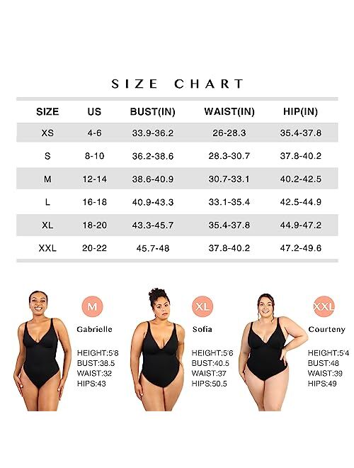 FeelinGirl Shapewear Bodysuit Tummy Control Slim Body Shaper Deep V Neck Thong Body Suits for Women