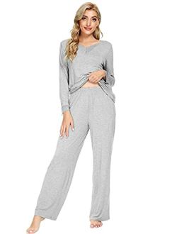 Bamboo Soft Pajamas Sets for Women Long Sleeve Sleepwear Loose Comfy Pjs Set with Pants Plus Size Loungewear S-4X