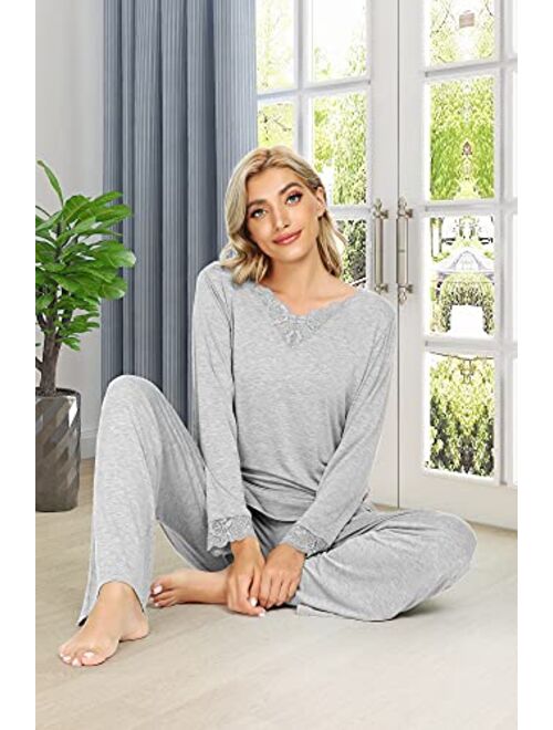 WiWi Bamboo Soft Pajamas Sets for Women Long Sleeve Sleepwear Loose Comfy Pjs Set with Pants Plus Size Loungewear S-4X