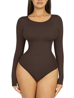Seamless Long Sleeve Thong Bodysuit for Women-2023 Fall Fashion Shirt Tops