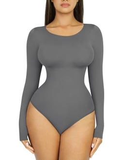 Seamless Long Sleeve Thong Bodysuit for Women-2023 Fall Fashion Shirt Tops