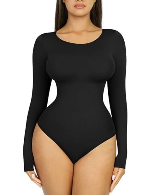 FeelinGirl Seamless Long Sleeve Thong Bodysuit for Women-2023 Fall Fashion Shirt Tops