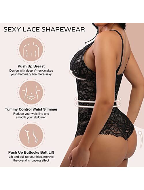 FeelinGirl Lace Bodysuit for Women Tummy Control Shapewear V Neck Backless Tank Tops One Piece Body Shaper Fajas Thongs