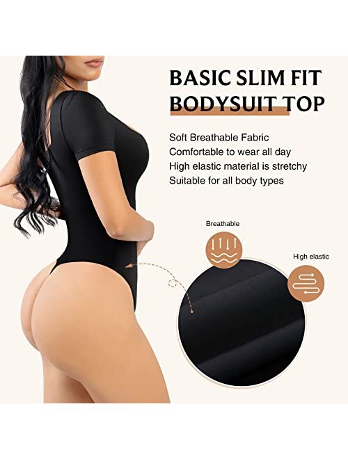 FeelinGirl Bodysuit for Women Tummy Control Seamless Fashion Thong Tops Short/Half/Short Puff/Long Puff Sleeve
