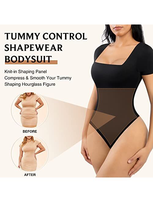 FeelinGirl Bodysuit for Women Tummy Control Seamless Fashion Thong Tops Short/Half/Short Puff/Long Puff Sleeve
