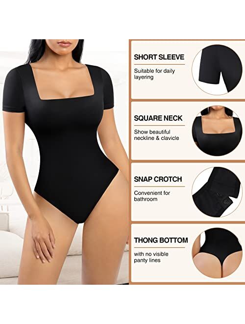 FeelinGirl Bodysuit for Women Tummy Control Seamless Fashion Thong Tops Short/Half/Short Puff/Long Puff Sleeve