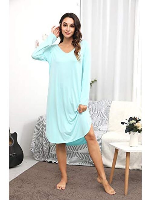 WiWi Bamboo Viscose Nightgowns for Women Soft Long Sleeve Sleep Shirt Comfy Nightshirts Sleepwear Plus Size Pajamas S-4X