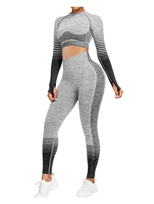 FeelinGirl Workout Sets for Women 2 Piece Long Sleeve Yoga Outfits Seamless Ribbed Crop Top High Waist Legging