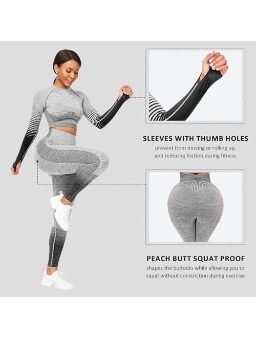 FeelinGirl Workout Sets for Women 2 Piece Long Sleeve Yoga Outfits Seamless Ribbed Crop Top High Waist Legging