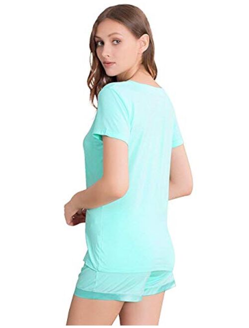 WiWi Pajamas for Women Bamboo Viscose Ultra Soft Pajama Set Short Sleeve Top with Shorts Plus Size Pjs Sleepwear S-4X
