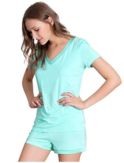 WiWi Pajamas for Women Bamboo Viscose Ultra Soft Pajama Set Short Sleeve Top with Shorts Plus Size Pjs Sleepwear S-4X