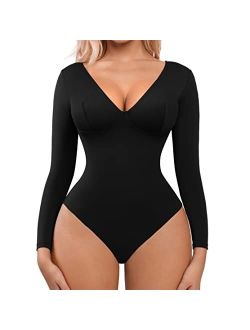 Bodysuit for Women Tummy Control Short/Long Sleeve Going Out Bodysuits V/Scoop Neck Shirt One Piece Slim Top