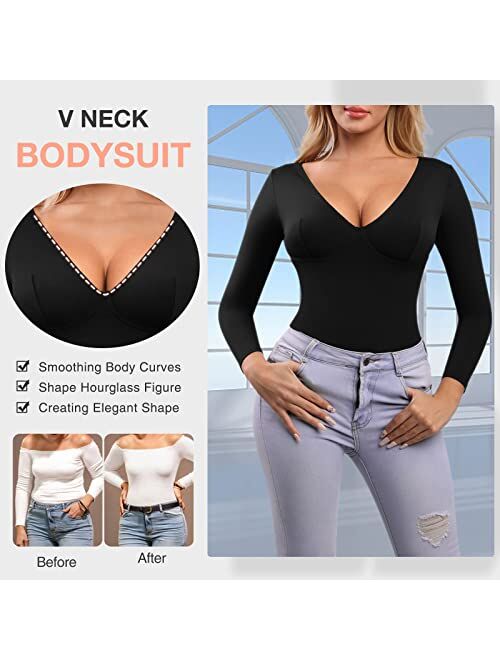 FeelinGirl Bodysuit for Women Tummy Control Short/Long Sleeve Going Out Bodysuits V/Scoop Neck Shirt One Piece Slim Top