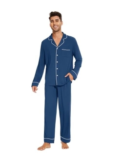 Men's Bamboo Pajama Set Long Sleeve Sleepwear Button Down Pajamas Sets 2 Pieces Soft Knit Loungewear Pjs S-XXL