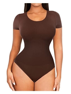 Seamless Short Sleeve Bodysuit for Women Tummy Control Shapewear Scoop Neck Thong Sculpting Jumpsuit Tops