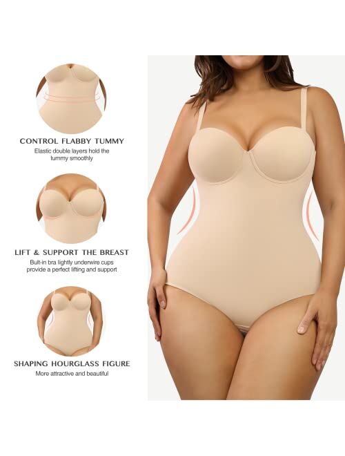 FeelinGirl Shapewear Bodysuit for Women Tummy Control Body Shaper Seamless Shapewear Cupped with Removable Straps